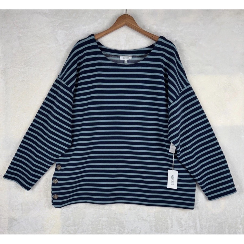 Haven Well Within Tunic Shirt Womens XXL Blue Striped Long Sleeve‎ Side Buttons